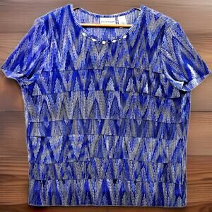 Alfred Dunner Women's Short Sleeve Ruffled Top Size PL Jeweled Neckline Chevron